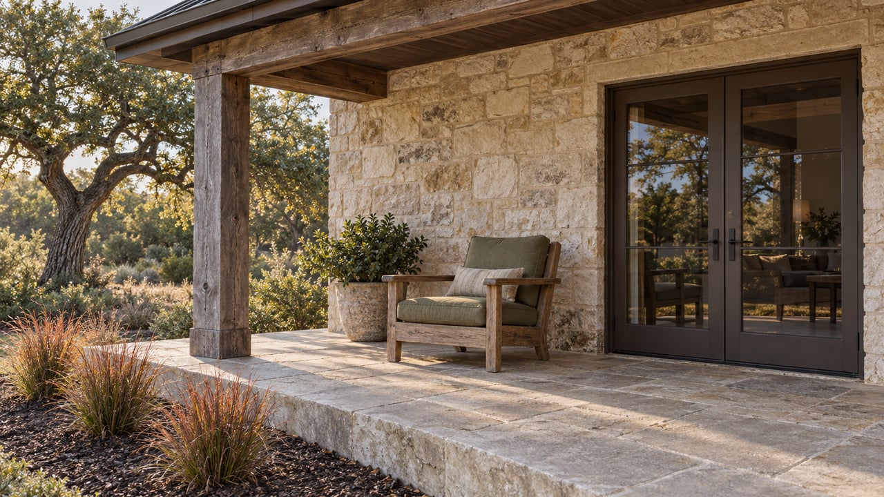 Timber-covered veranda with limestone walls, closed glazed doors, an oak lounge chair and copper-colored little bluestem beside the raised stone paving.