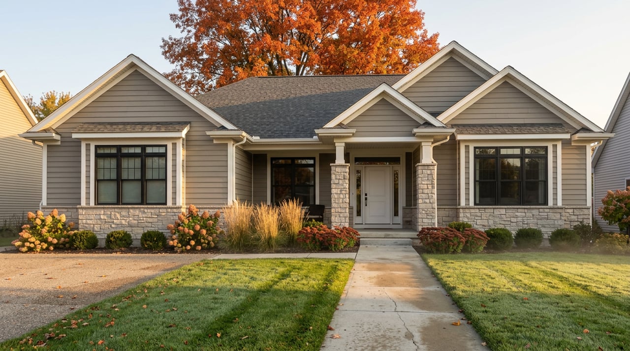 Suburban home with gray siding, stone-clad entry columns, and a scarlet-orange maple rising behind the roof.