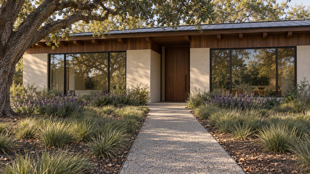 Single-story stucco house with a walnut entry, broad glass windows, and an oak-shaded aggregate walkway.