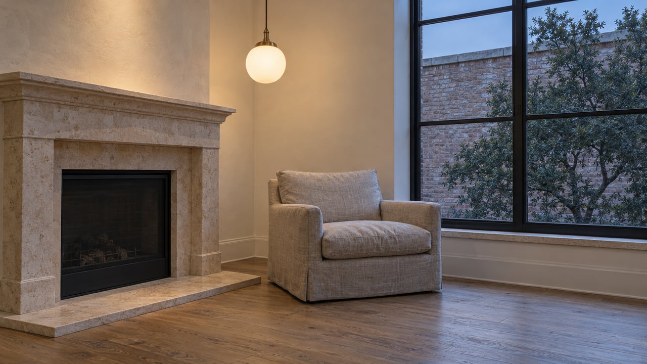 Evening light falls across a limestone fireplace, linen armchair and oak floor beside a closed black-framed window overlooking brick and a live oak crown.