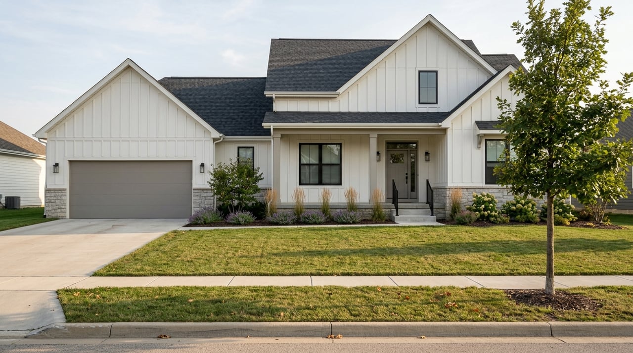Two-story farmhouse set behind a lawn and curated plantings, with an oak street tree nearby.