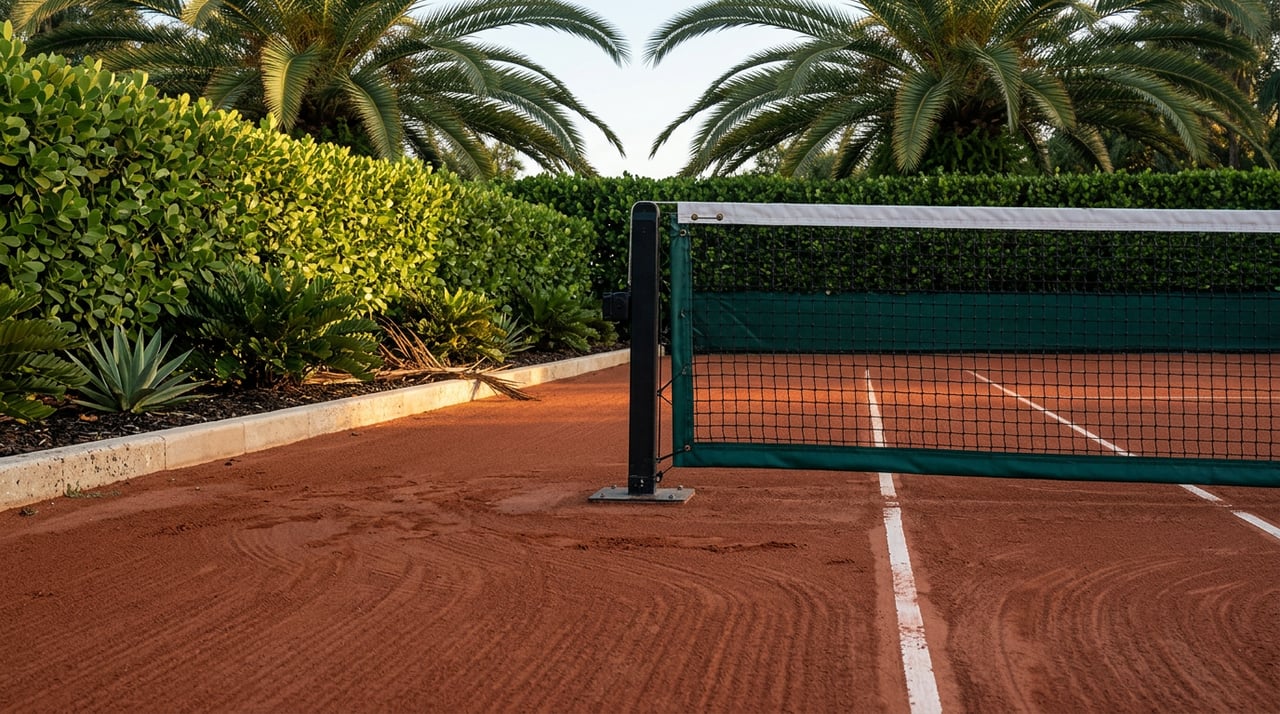Clay court baseline with black net post, stone curb, clipped hedge, and arching palm fronds.