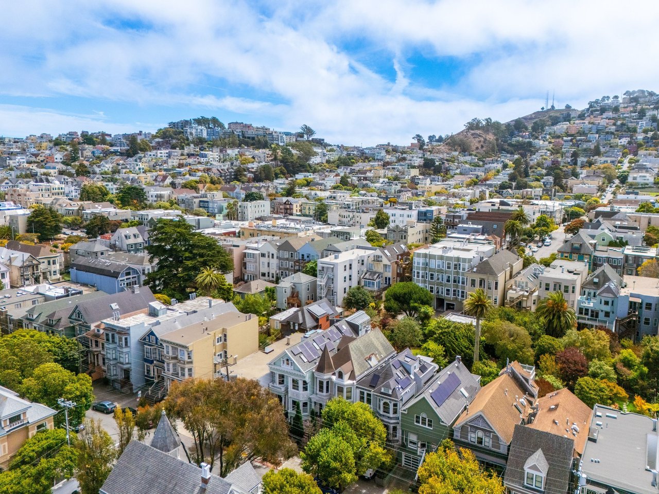 Aerial view of San Francisco homes climbing green hills above tree-lined streets.