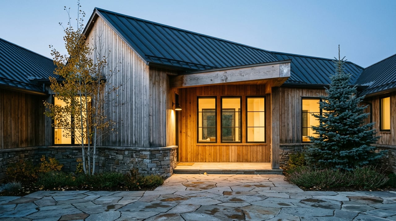 Mountain home entry with glowing windows, a stone facade, and gold aspen leaves at blue hour.