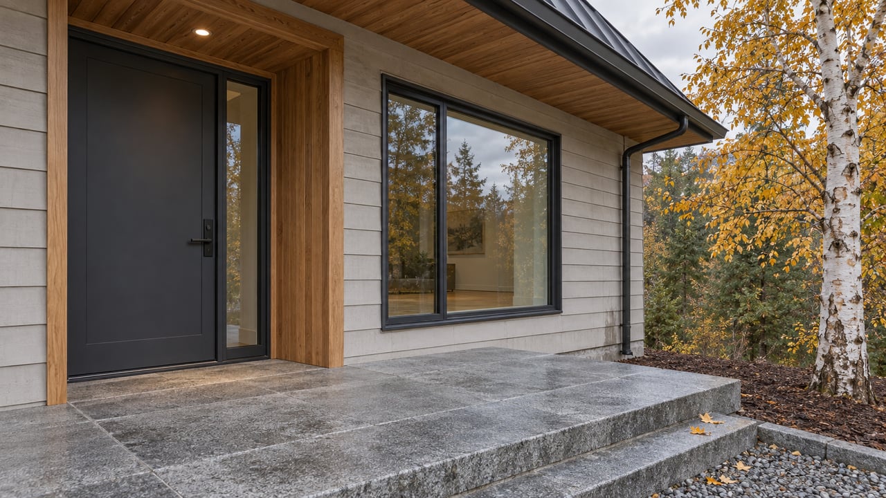 Covered cedar entry with charcoal door, gray siding, stone steps and a golden-leaved white birch.