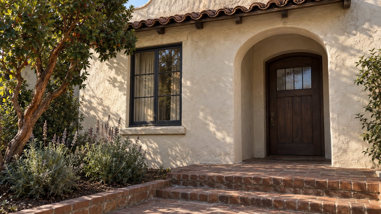 Ivory plaster home entrance with an arched oak door, divided-light window, worn brick steps and a sculptural strawberry tree.