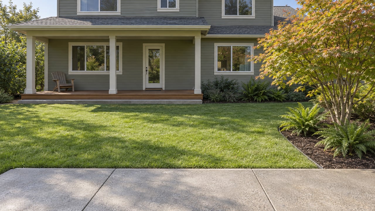 A gray-green two-story home faces a deep backyard lawn, with a concrete terrace, covered cedar porch and a vine maple beside three sword ferns.