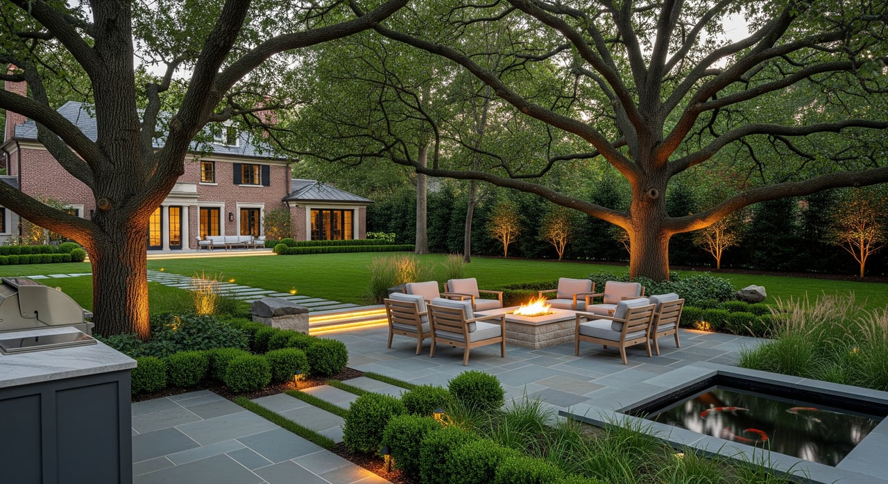 Stone patio with cushioned chairs around a fire pit beneath large trees beside a brick house.