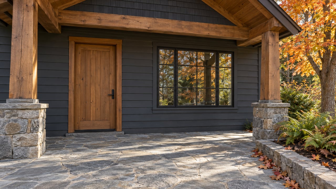 Autumn light crosses a granite entry terrace beneath cedar porch timbers beside charcoal siding and black-framed windows.