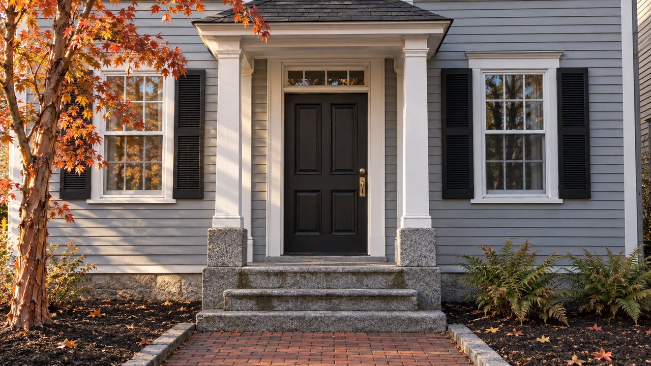 Gray clapboard home entrance with a white timber portico, black door, worn granite steps and autumn maple leaves.