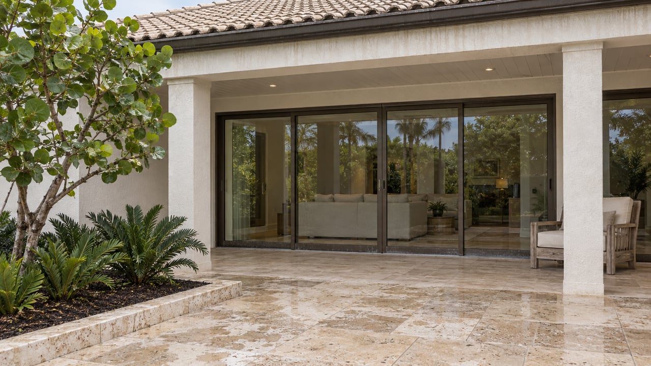 White stucco home with a covered limestone terrace, bronze-framed glass doors, a teak lounge chair, and sculptural tropical planting.