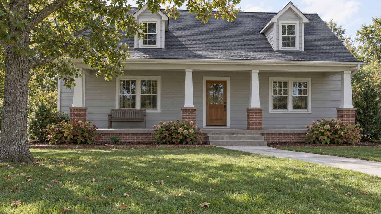 Light-gray porch-front home with brick piers, a broad green lawn and an oak beginning to turn for autumn.