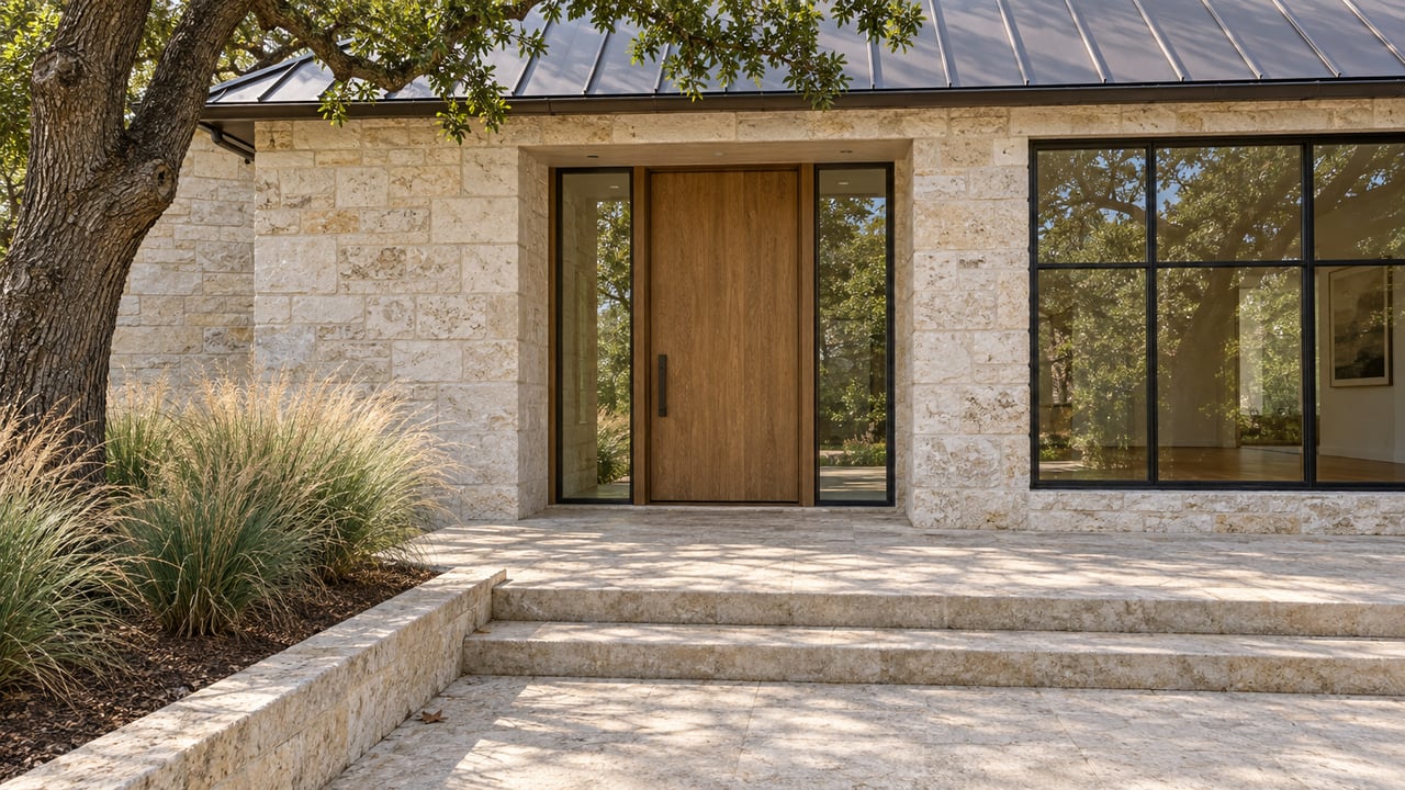 Limestone home entrance with an oak door, black-framed glazing, broad stone steps and a mature oak beside a planted terrace.