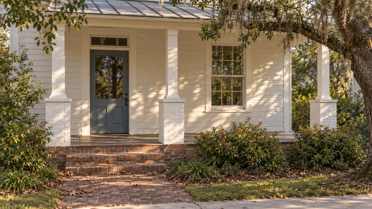 Off-white house porch with a blue-gray door, brick steps, and oak branches overhead.
