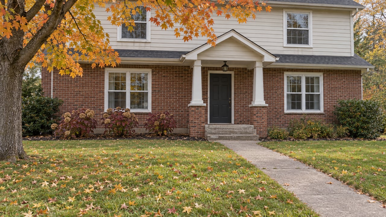 Autumn leaves dot the lawn of a brick-and-sided two-story home with a sheltered front entry and mature maple tree.