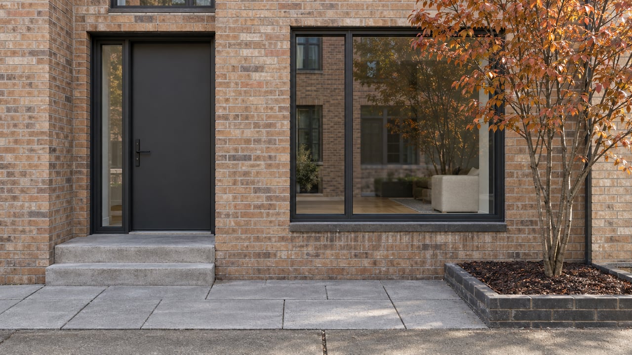 Contemporary buff-brick home with charcoal windows, concrete entrance steps and a copper-leaved serviceberry beside the paved approach.