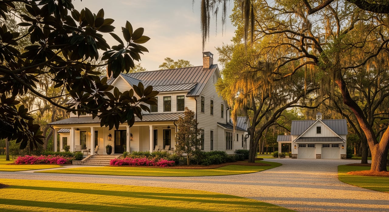 White two-story house with a metal roof, front porch, and attached garage beneath sprawling oak trees.