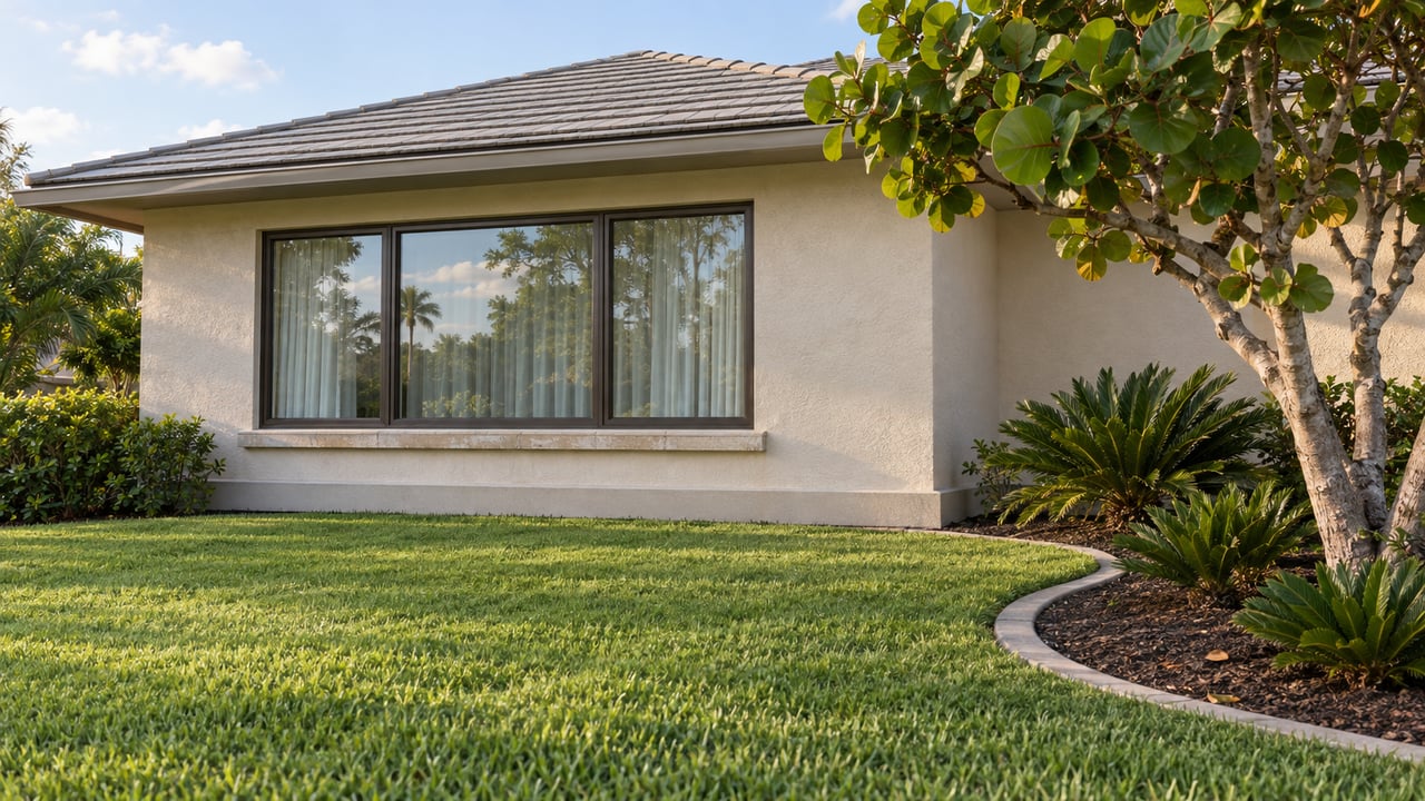 Ivory stucco home with a pale tile roof, bronze-framed window and sea-grape tree beside a deep green front lawn.