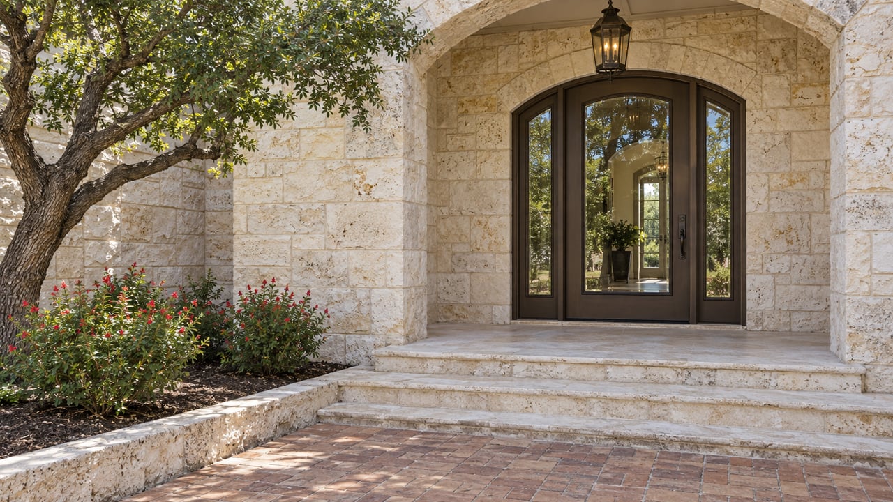 Pale limestone arched home entrance with a bronze glass door, broad stone steps and an oak beside red-flowering sage.