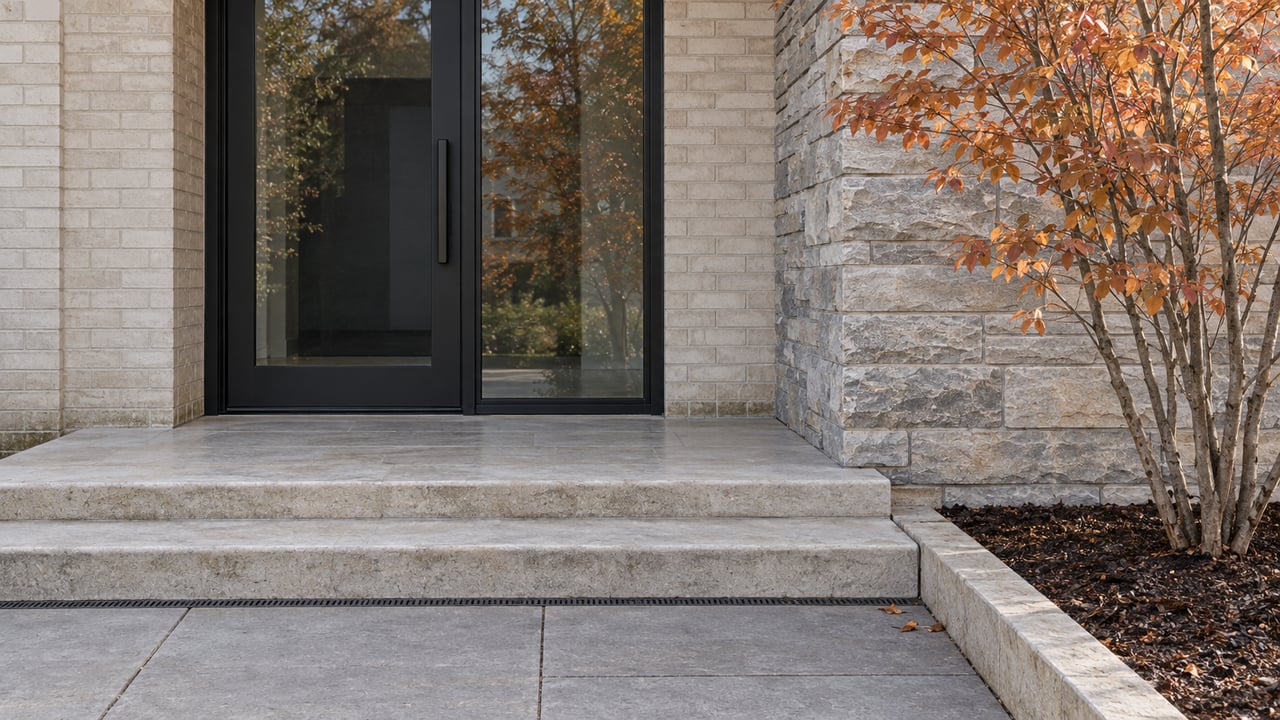 Contemporary home entrance with black-framed glazing, pale brick, textured limestone and copper-colored serviceberry leaves.
