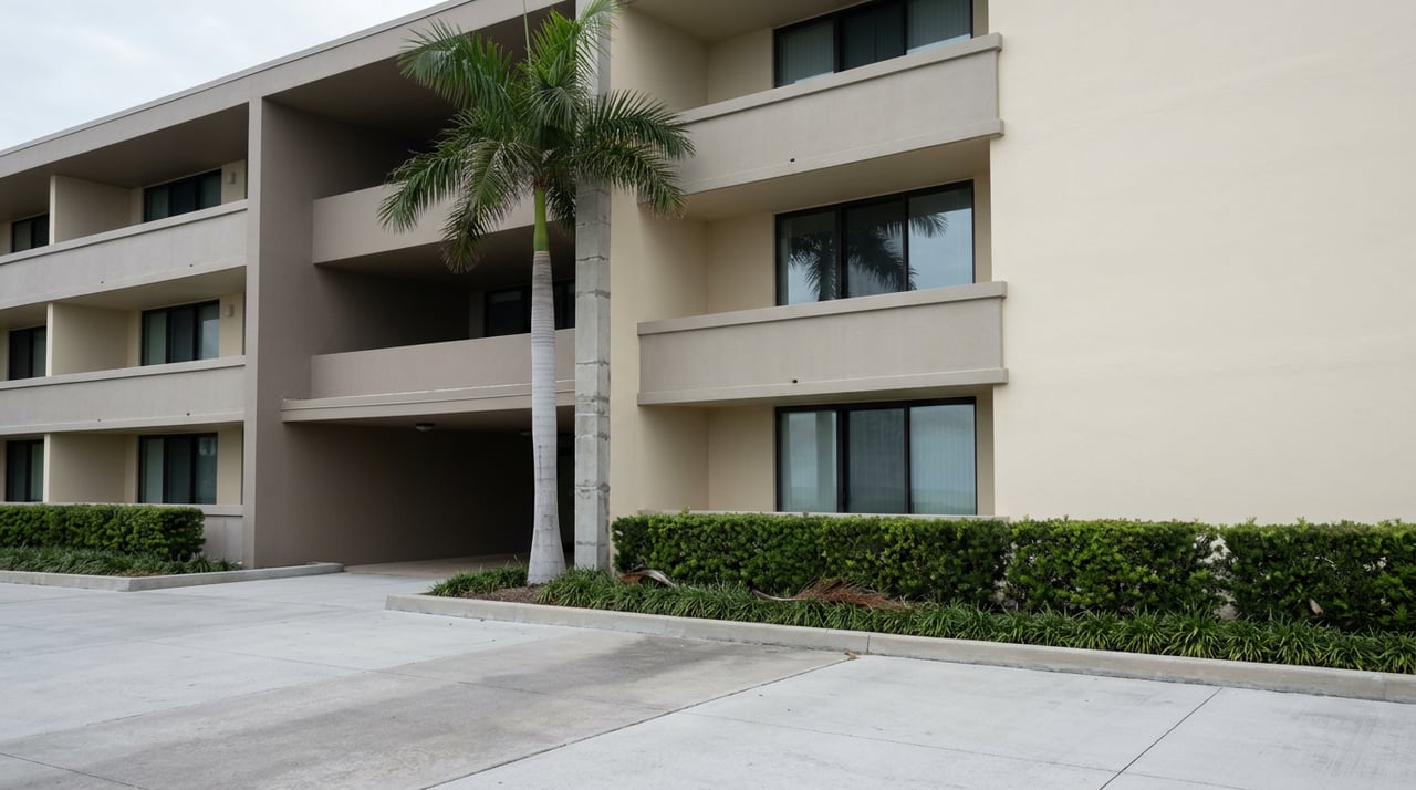 Coastal condominium corner with concrete balconies, a palm, and clipped hedge beside the shared entry plaza.