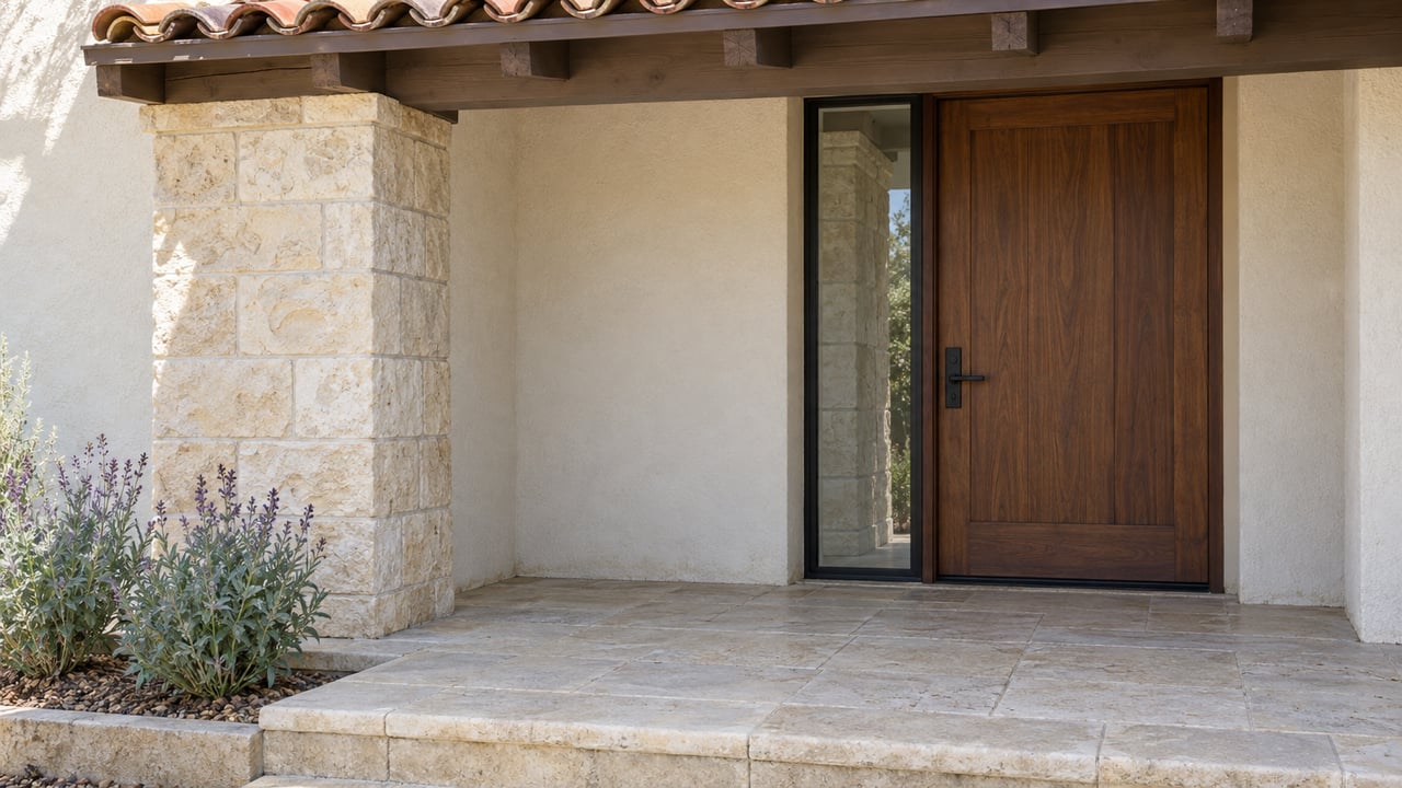Sunlit limestone porch beside a walnut front door, cream stucco, clay roof tiles, and two silver-green Cleveland sage plants.