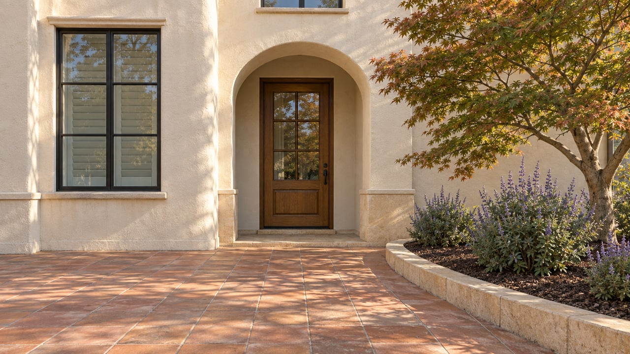 Warm stucco home entrance with a glazed oak door, divided-light window, terracotta paving and a Japanese maple in a limestone-edged planting bed.