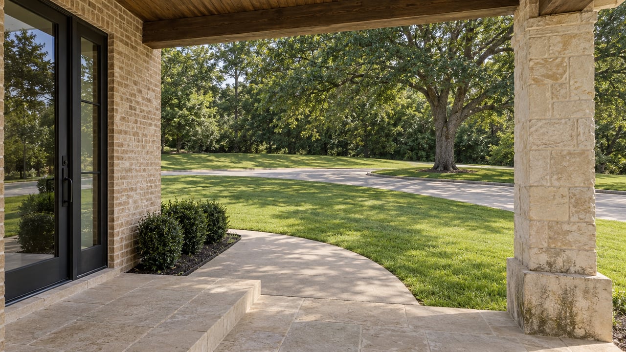 Covered stone porch beside a brick home, overlooking a green lawn and mature trees.
