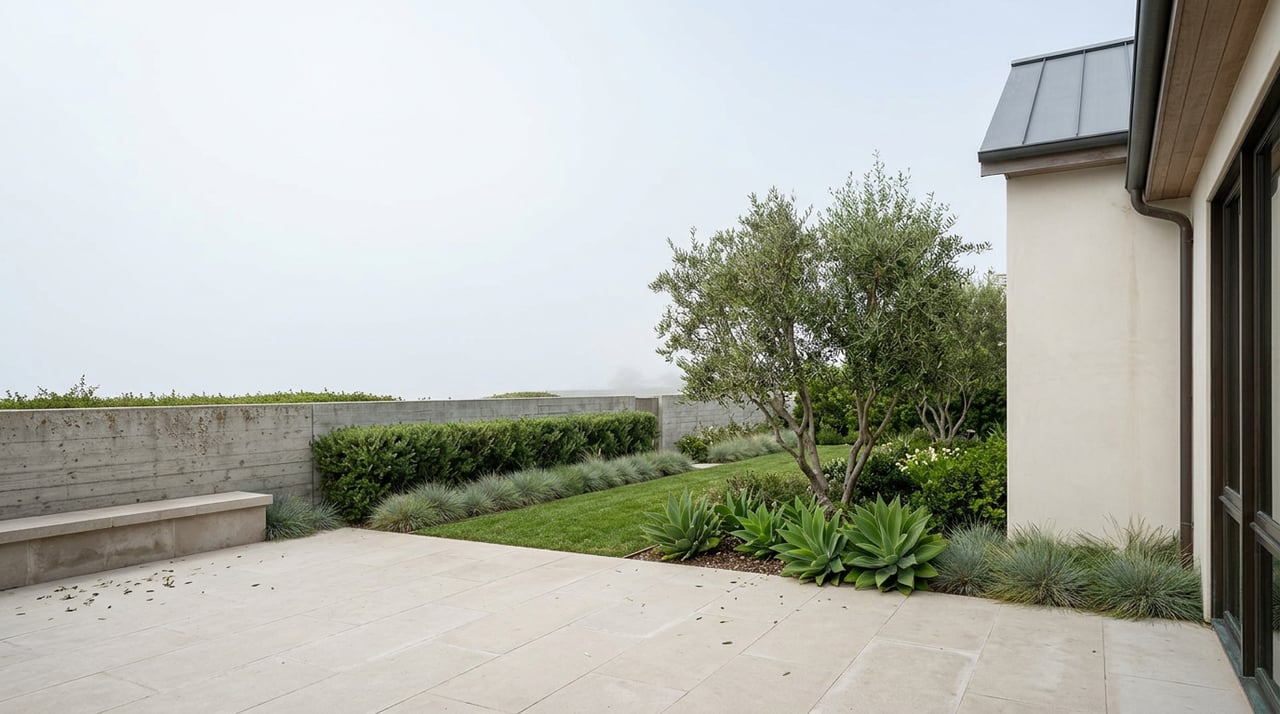 Garden with an olive tree, limestone terrace, built-in stone bench, low concrete wall, and hazy sky.