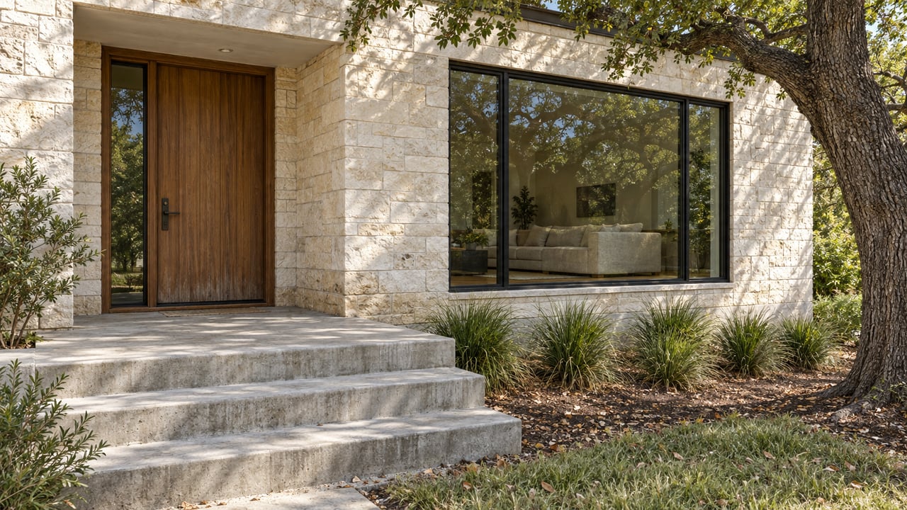 Limestone and cedar home entry with broad concrete steps, black-framed glazing and a mature oak beside native planting.