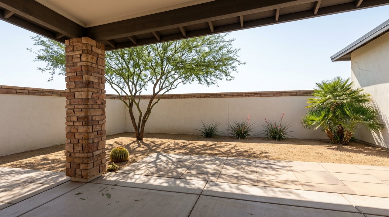 Desert home patio opens onto a tan-paved courtyard with a sculptural mesquite tree and low stucco wall.