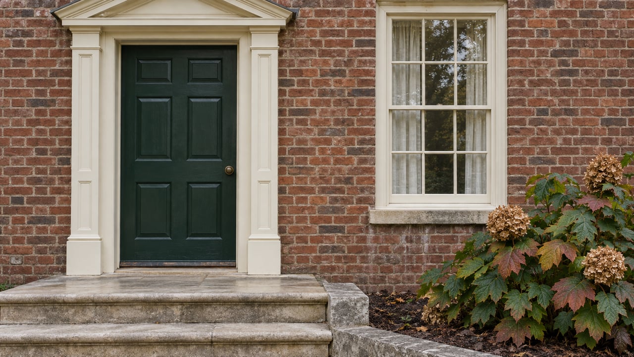 Forest-green paneled front door and ivory-trimmed sash window in a red-brown brick home, above limestone steps beside oakleaf hydrangea.