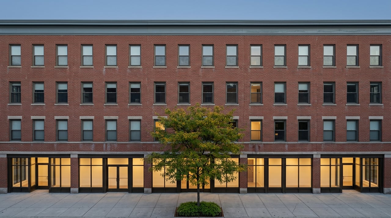 Four-story rust-red brick building with warm-lit storefront windows and a honeylocust tree at blue hour.
