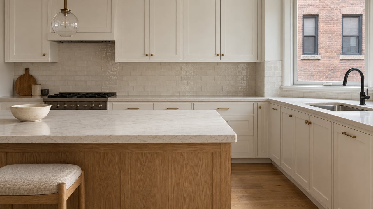 Sunlit condo kitchen with a light oak island, pale stone counters, white shaker cabinetry and a closed window overlooking brick masonry.