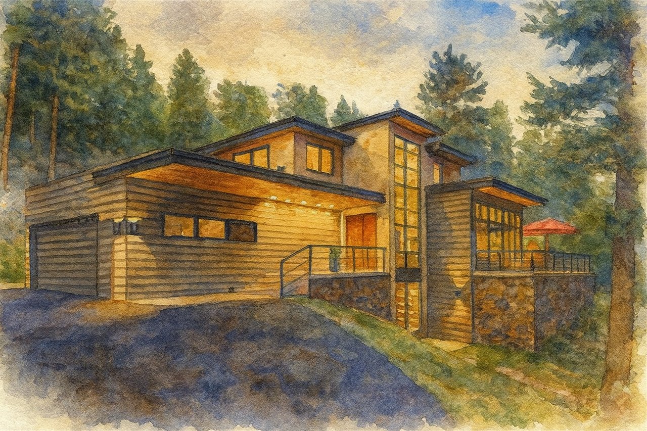 Contemporary multi-level wood-sided home with a raised deck among tall trees, rendered as a watercolor.