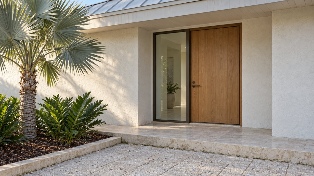 Sunlit stucco home entry with a wood door, glass sidelight, limestone step and silver thatch palm.