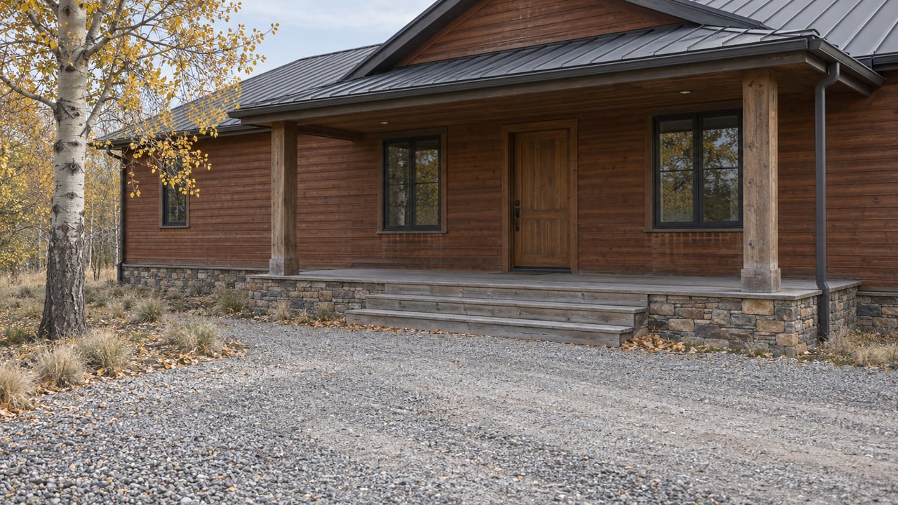 Rural home with a roofed timber porch, three steps, flanking windows, and an aspen beside the gravel approach.