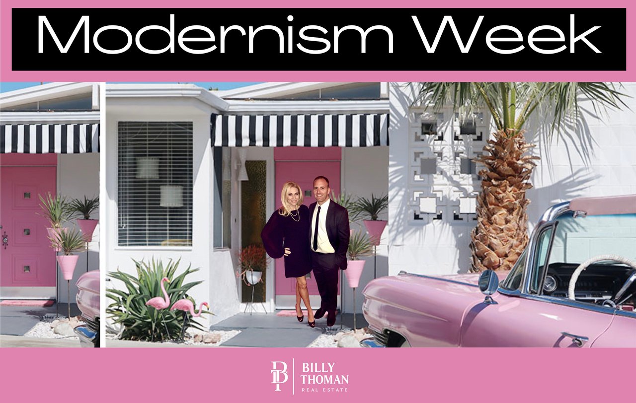 Billy and Stacy Thoman in front of a mid-century modern Palm Springs home during Modernism Week 2025