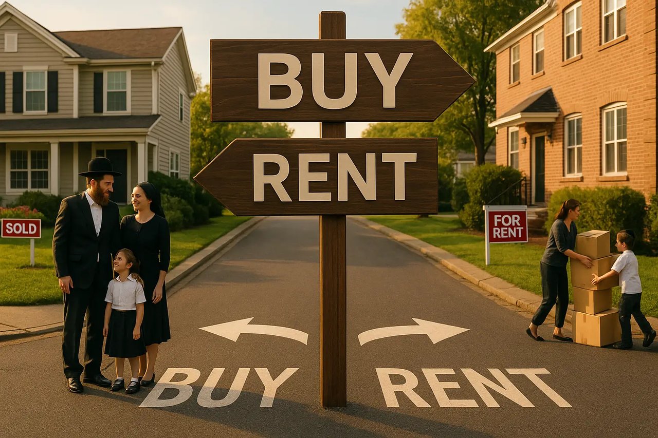 Orthodox Jewish family standing at a crossroads between buying and renting in Monsey, NY, with visible SOLD and FOR RENT signs symbolizing the housing decision in 2025.