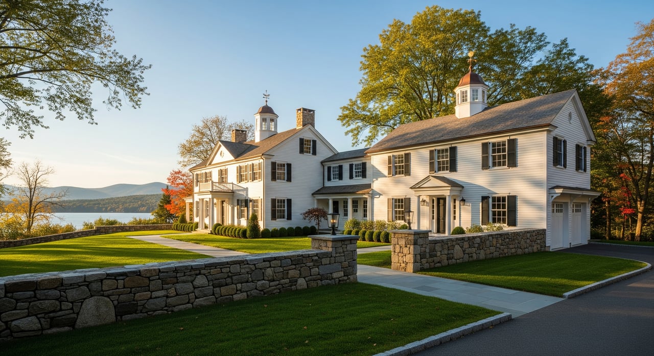 Large white colonial-style house with black shutters, cupolas, stone walls, and a lake in the background.