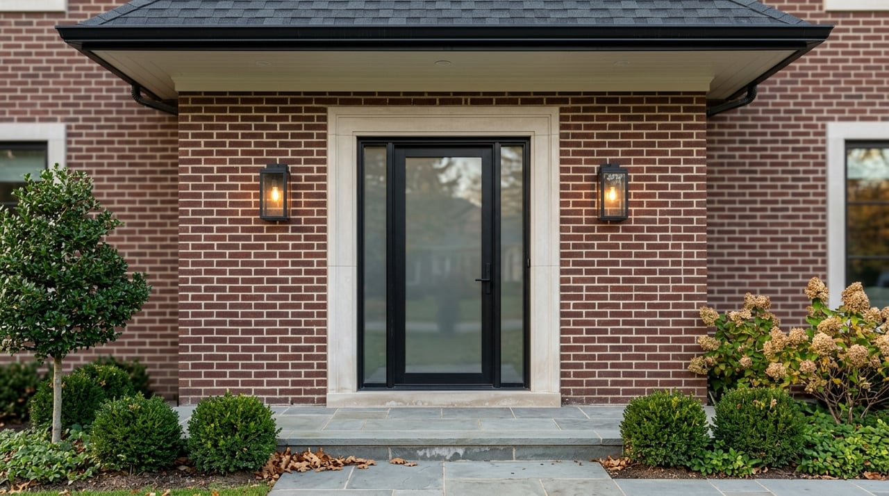 Brick-and-limestone entry with a contemporary glazed pivot door.