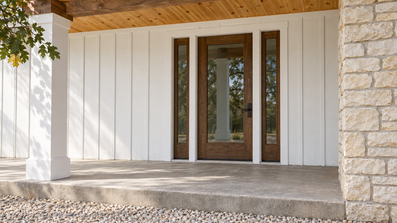 Close view of a farmhouse entry with an oak glazed door, paired sidelights, white siding, limestone wall and raised concrete porch.