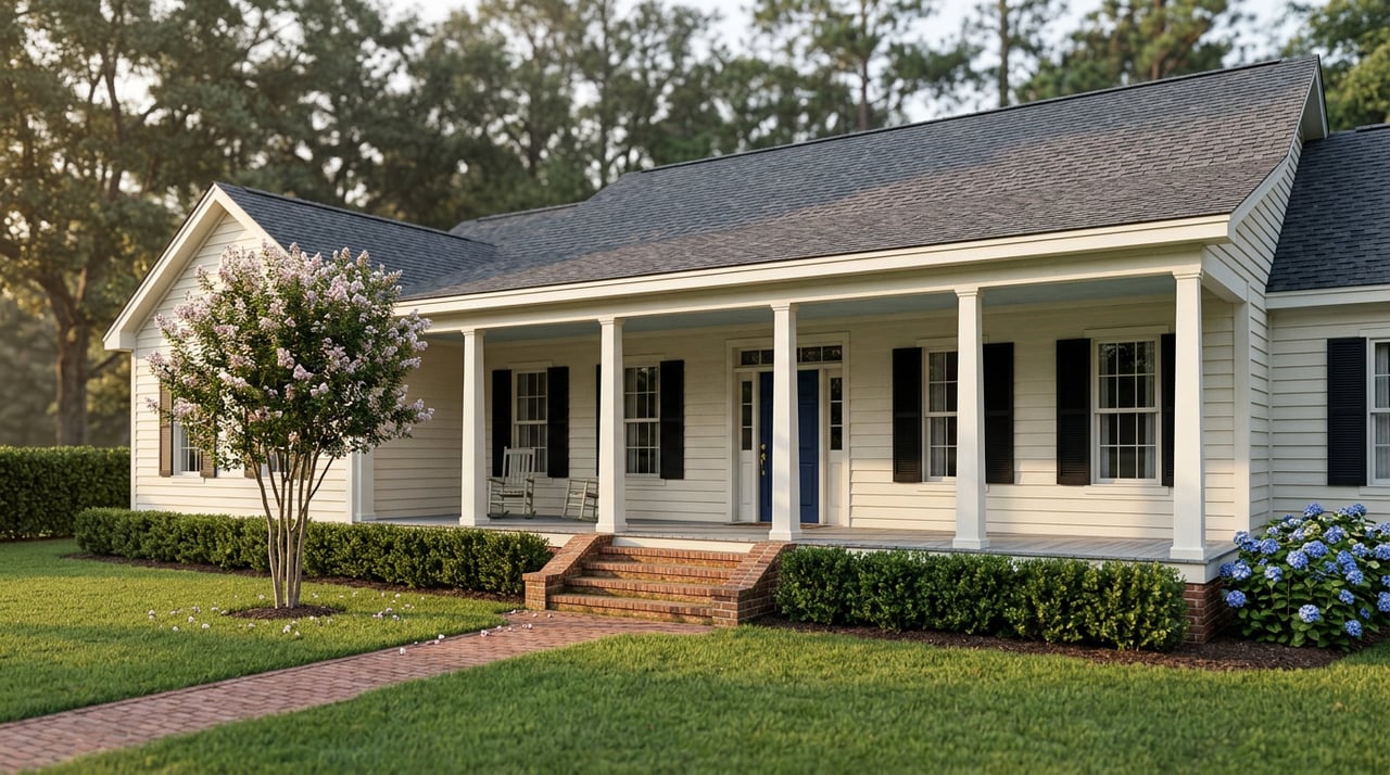 Ivory Southern home with a deep columned porch, navy door, curving brick walk, and blooming crape myrtle.