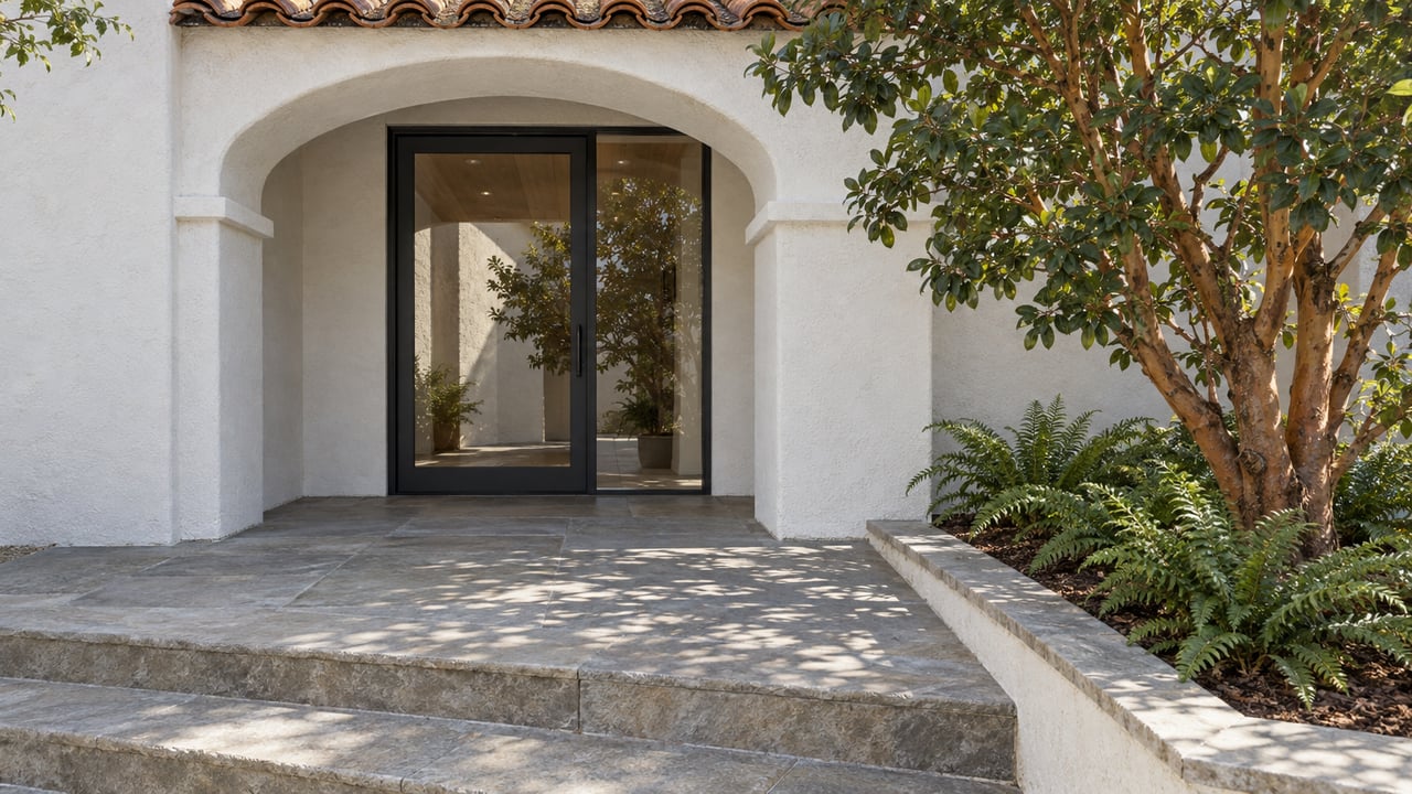 White stucco arched home entry with charcoal-framed glazing, worn sandstone steps and a mature strawberry tree in a raised planter.