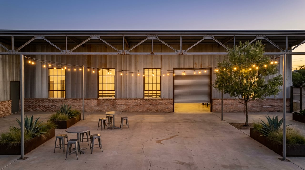 Industrial courtyard at dusk, with glowing factory windows, string lights, bistro tables and raised planters.