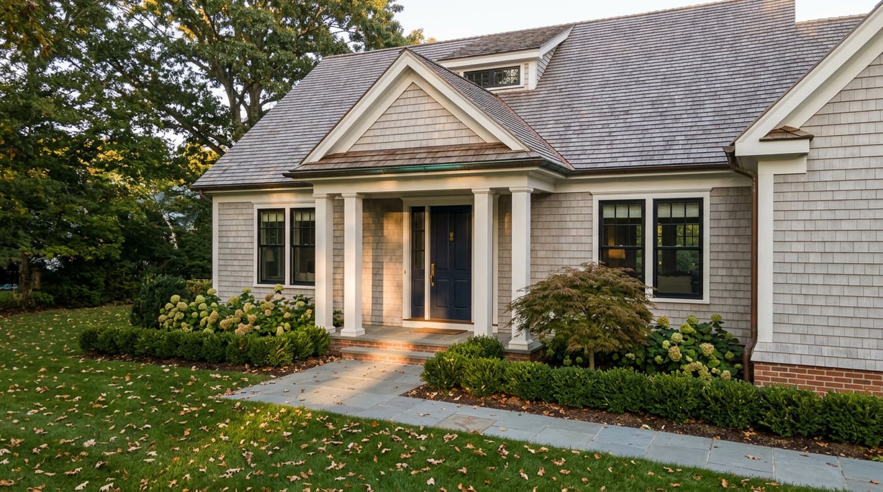 Silver-gray shingle home with a columned portico, navy door, and bluestone path crossed by long shadows.