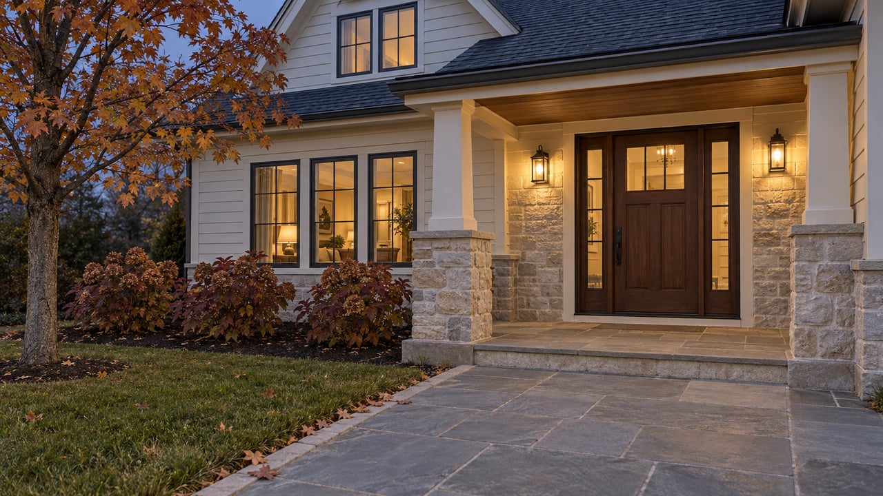 An ivory-sided home at dusk with a limestone porch, warm entry lights, bluestone walk, and copper autumn leaves.