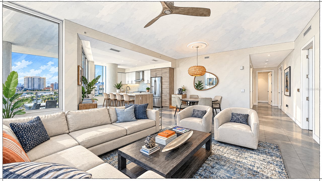 Furnished condo living room with an open kitchen, large windows, and a city view.