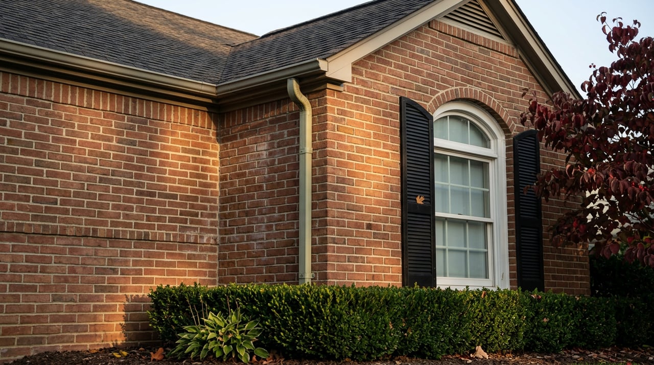 Brick townhome corner with an arched window, black shutter, gabled roof, and red dogwood foliage.