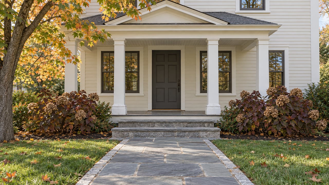 Cream clapboard home entrance with white porch columns, bluestone steps, and autumn maple and oakleaf hydrangea foliage.